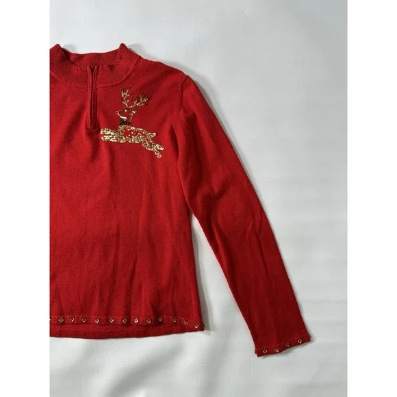 Vintage Michael Simon Event Sequin Reindeer Christmas Sweater Medium Excellent - Picture 3 of 14